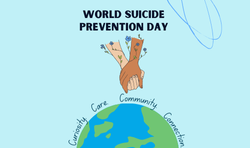 World Suicide Prevention Day with holding hands, Earth with curiosity, care, community, connection around it